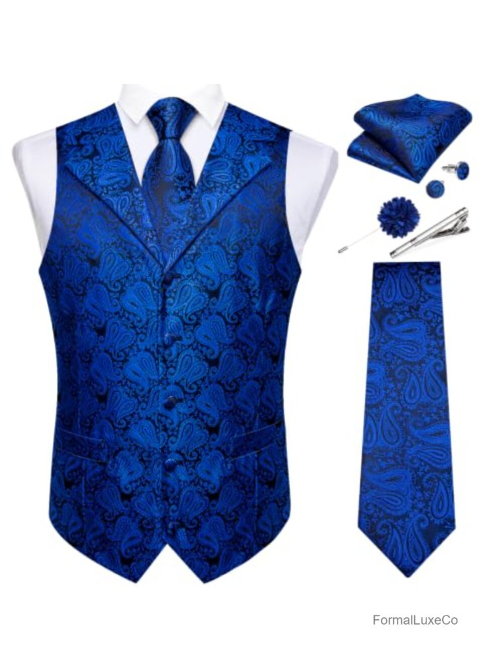 Mens Paisley Suit Vest Set Silk Waistcoat Necktie Pocket Square Cufflinks